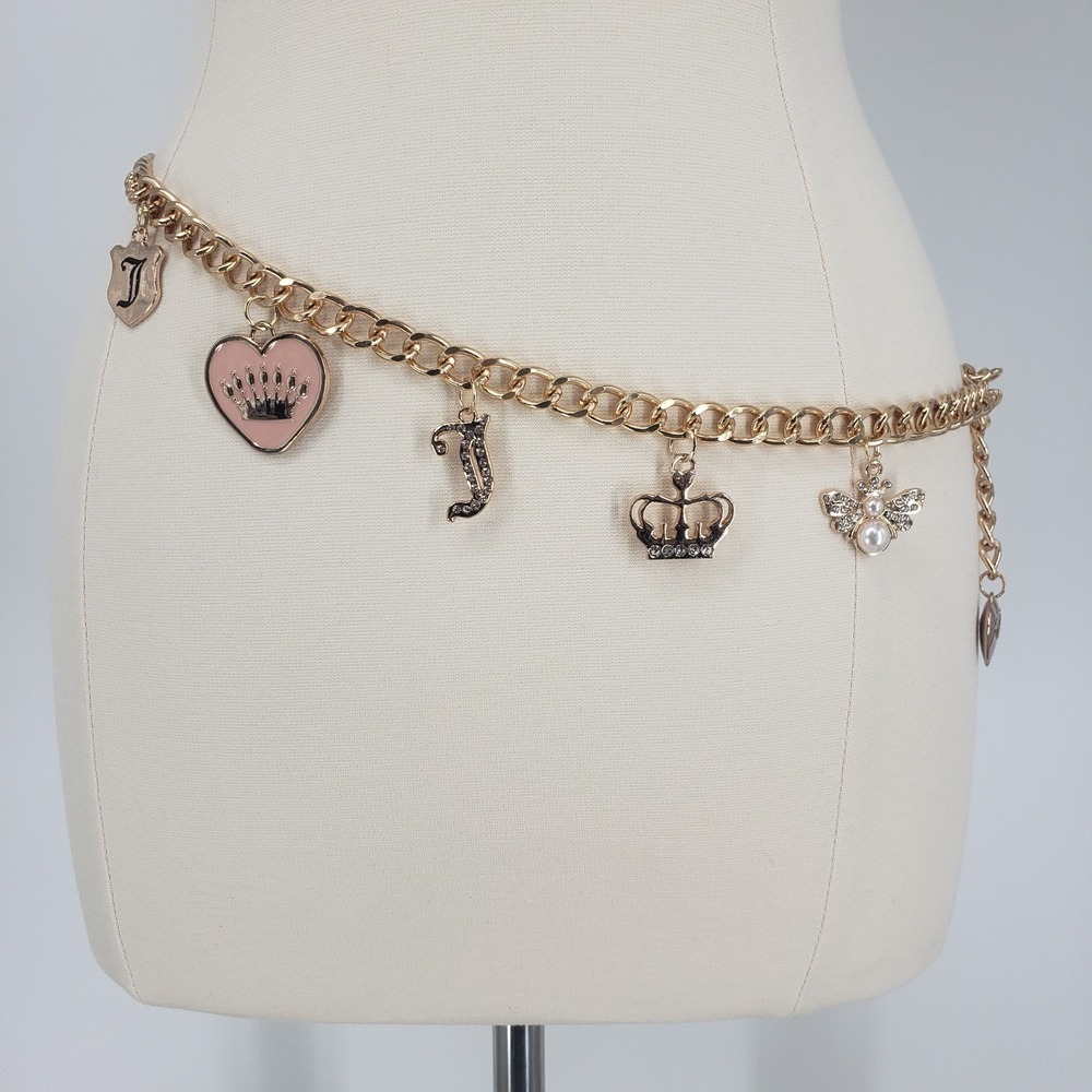 Juicy Couture Charm Chain Belt Women 1X Gold Pink Heart Crown Bee Y2K Rhinestone